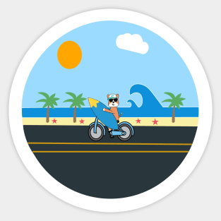 Cycling kawaii dog to the beach with his surfboard Sticker